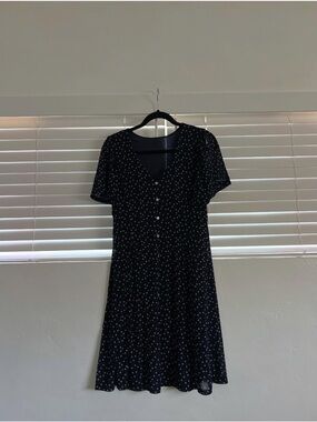 Navy Blue Short Sleeve Button-Front Floral Dress